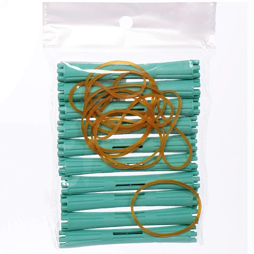 Бигуди пластмассовые-коклюшки с резинками 10шт d-11см KUDRI, цвет мятный, (прозрачный пакет с подвесом)_5